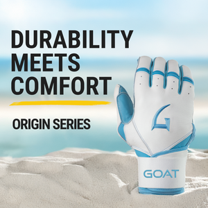 GOAThletic Origin Series long cuff white and blue batting gloves on sandy beach promo image