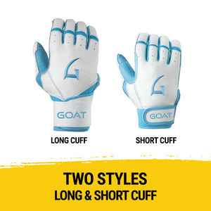 GOAThletic white and blue batting gloves showing long cuff vs short cuff style comparison