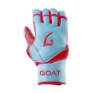 Electric blue and red long cuff batting glove with 'GOAT' branding on a white background