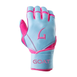 Light blue and pink glove with 'GOAT' branding on a white background