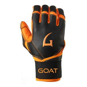 Black and orange baseball and softball glove with 'GOAT' branding on a white background
