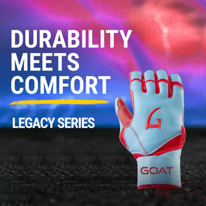 Long Cuff Blue and Red Batting Glove with 'GOAT' branding on a dark textured surface and colorful background, featuring text about durability and comfort.