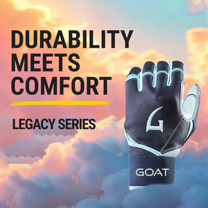 GOAThletic Long Cuff Navy Blue and Powder Blue Batting Gloves displayed with the text Durability Meets Comfort