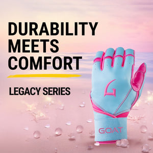 Blue and pink glove with 'GOAT' branding on a pink background with water droplets. Displaying text Durability Meets Comfort.