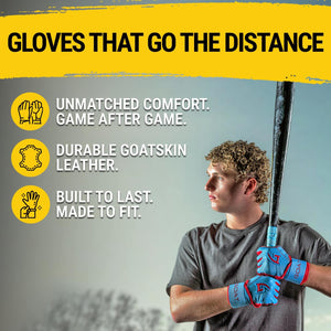 Baseball player wearing GOAThletic Electric Blue and Red Batting Gloves while holding a bat, with highlighted features: unmatched comfort, durable GOATskin leather, and a fit built to last game after game.