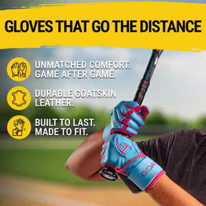 Baseball player gripping a bat while wearing GOAThletic Long Cuff Electric Blue and Pink Batting Gloves made from durable GOATskin leather, highlighting comfort, fit, and long-lasting performance.