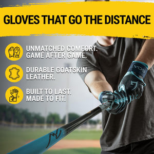 Baseball player swinging a bat while wearing GOAThletic Long Cuff Navy Blue and Powder Blue Batting Gloves made from durable GOATskin leather, highlighting comfort, fit, and lasting performance.