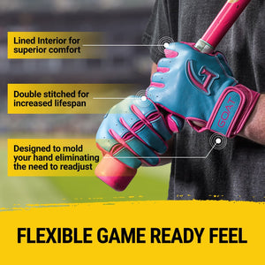 Player holding a bat while wearing GOAThletic Long Cuff Electric Blue and Pink Batting Gloves made from premium GOATskin leather, featuring lined interior, double stitching, and flexible game-ready feel.
