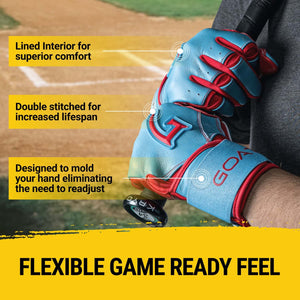 Close-up of GOAThletic Electric Blue and Red Batting Gloves gripping a bat, showing lined interior for comfort, double stitching for durability, and ergonomic design for a flexible, game-ready feel.
