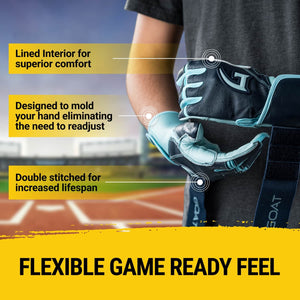 Player adjusting GOAThletic Long Cuff Navy Blue and Powder Blue Batting Gloves made from premium GOATskin leather, featuring lined interior, double stitching, and a flexible game-ready feel.