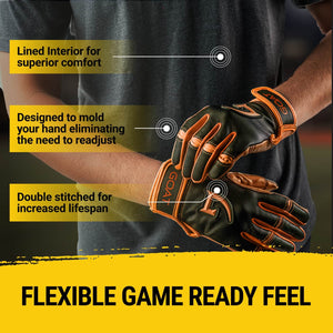 Black and orange baseball and softball batting glove with features highlighted on a dark background