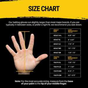 GOAThletic Batting Gloves size chart showing adult and youth hand measurements with visual guide for measuring from palm base to middle finger tip.