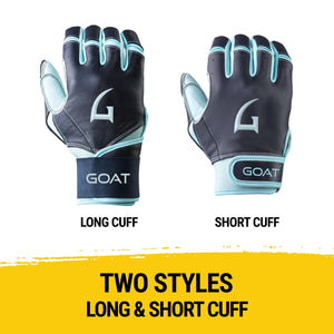 GOAThletic Long Cuff and Short Cuff Navy Blue and Powder Blue Batting Gloves side by side, showing two available styles made from premium GOATskin leather for grip and comfort.