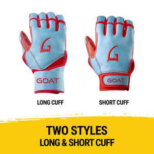 Two pairs of baseball batting gloves labeled 'Long Cuff' and 'Short Cuff' with 'GOAT' branding on a white background.