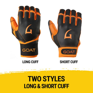 Two styles of black and orange baseball and softball batting gloves labeled 'Long Cuff' and 'Short Cuff' with 'GOAT' branding.