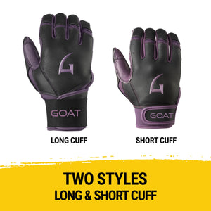 Black and purple gloves with long and short cuff options on a white background