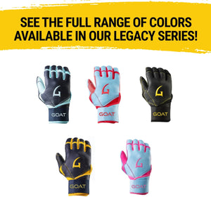 GOAThletic Batting Gloves color range display featuring Navy Blue and Powder Blue, Red and Gray, Black and Yellow, Navy and Gold, and Pink and Gray designs made from premium GOATskin leather.