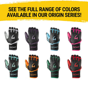 Set of baseball and softball battoing gloves in various colors with 'GOAT' branding on a white background
