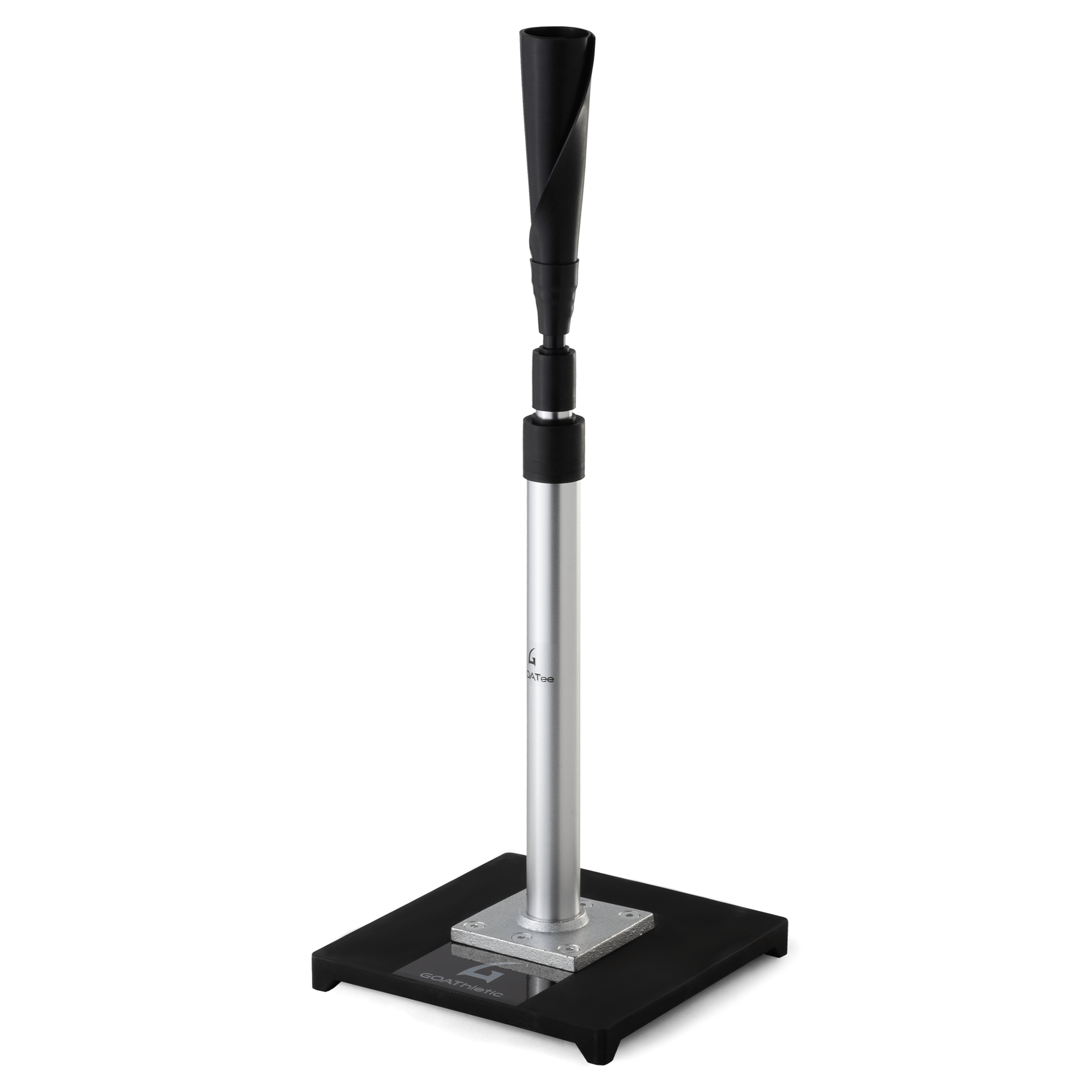 An adjustable height black batting tee with a silver shaft and a black rubber base.