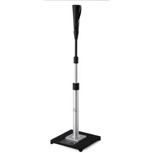 An adjustable height black batting tee with a silver shaft and a black rubber base.
