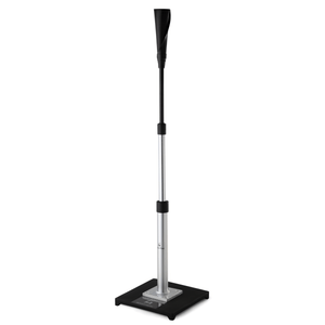 An adjustable height black batting tee with a silver shaft and a black rubber base.