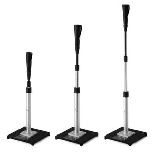 3 adjustable height black batting tee with a silver shaft and a black rubber base.