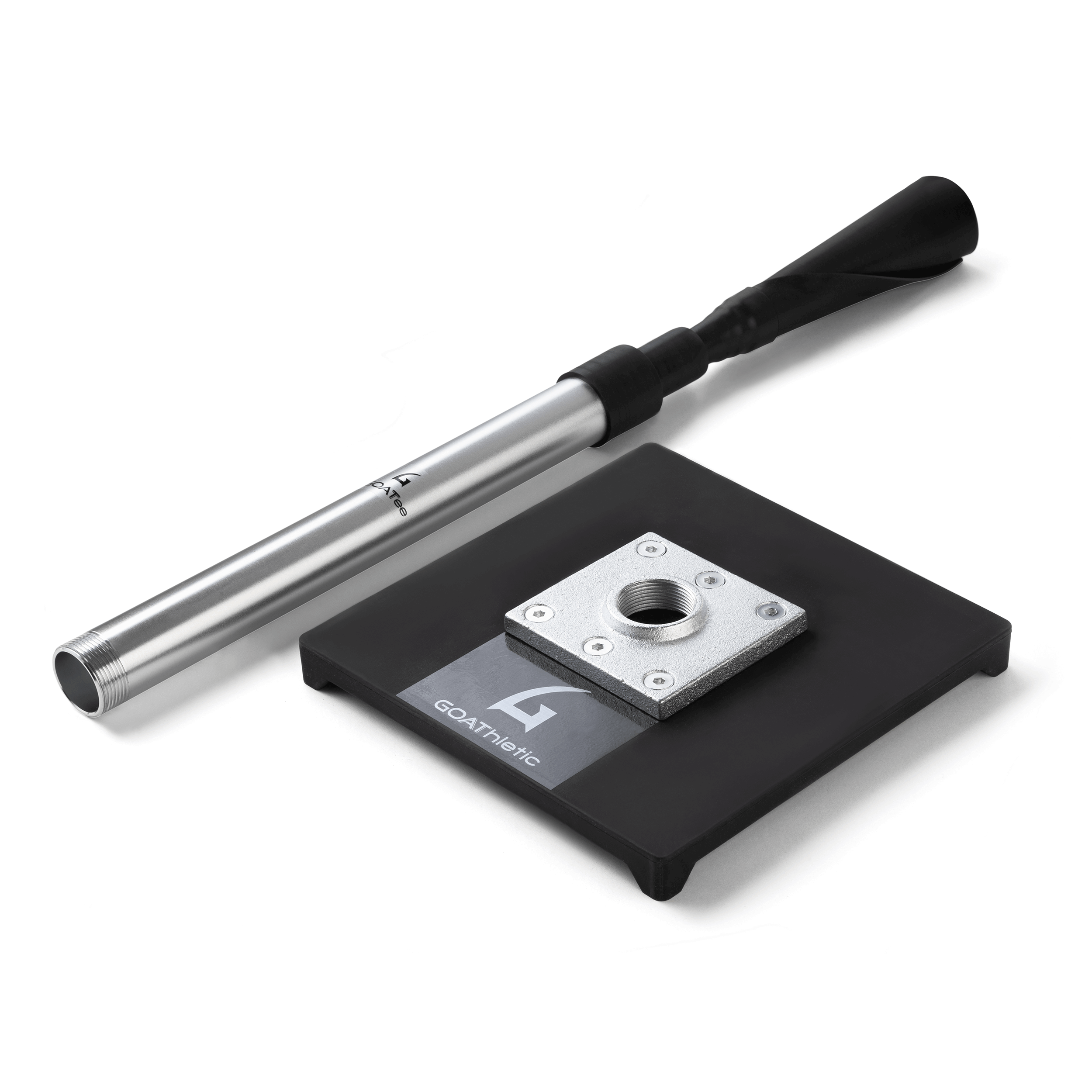 An adjustable height black batting tee with a silver shaft and a black rubber base.