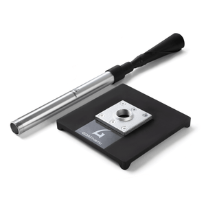 An adjustable height black batting tee with a silver shaft and a black rubber base.