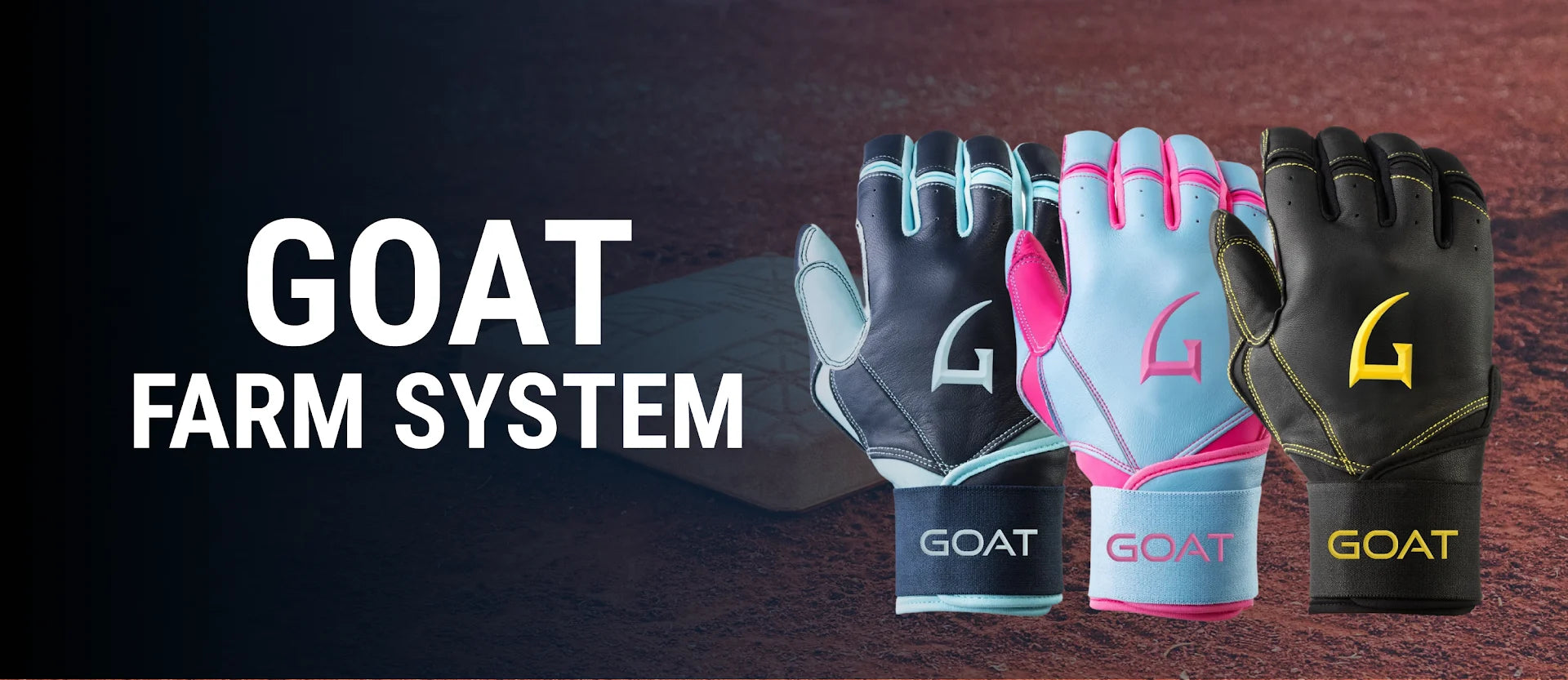 Three gloves with 'GOAT' branding on a dark background