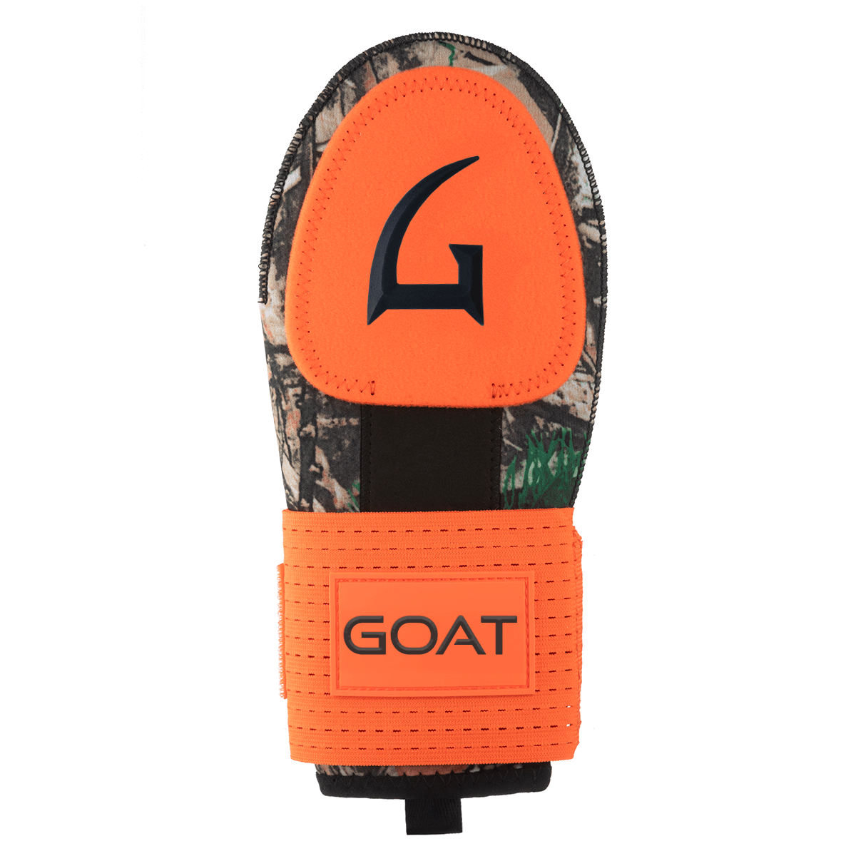 A camouflage-patterned sliding mitt with orange accents and the 'GOAT' brand logo