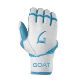 GOAThletic blue and white long cuff batting glove with white background