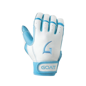 GOAThletic white and baby blue baseball batting gloves with white background