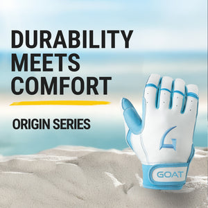 GOAThletic Origin Series white and blue baseball batting gloves Durability Meets Comfort beach promo