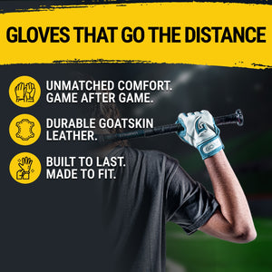GOAThletic batting gloves features image with the female wearing a blue and white short cuff batting glove and a baseball bat in hand