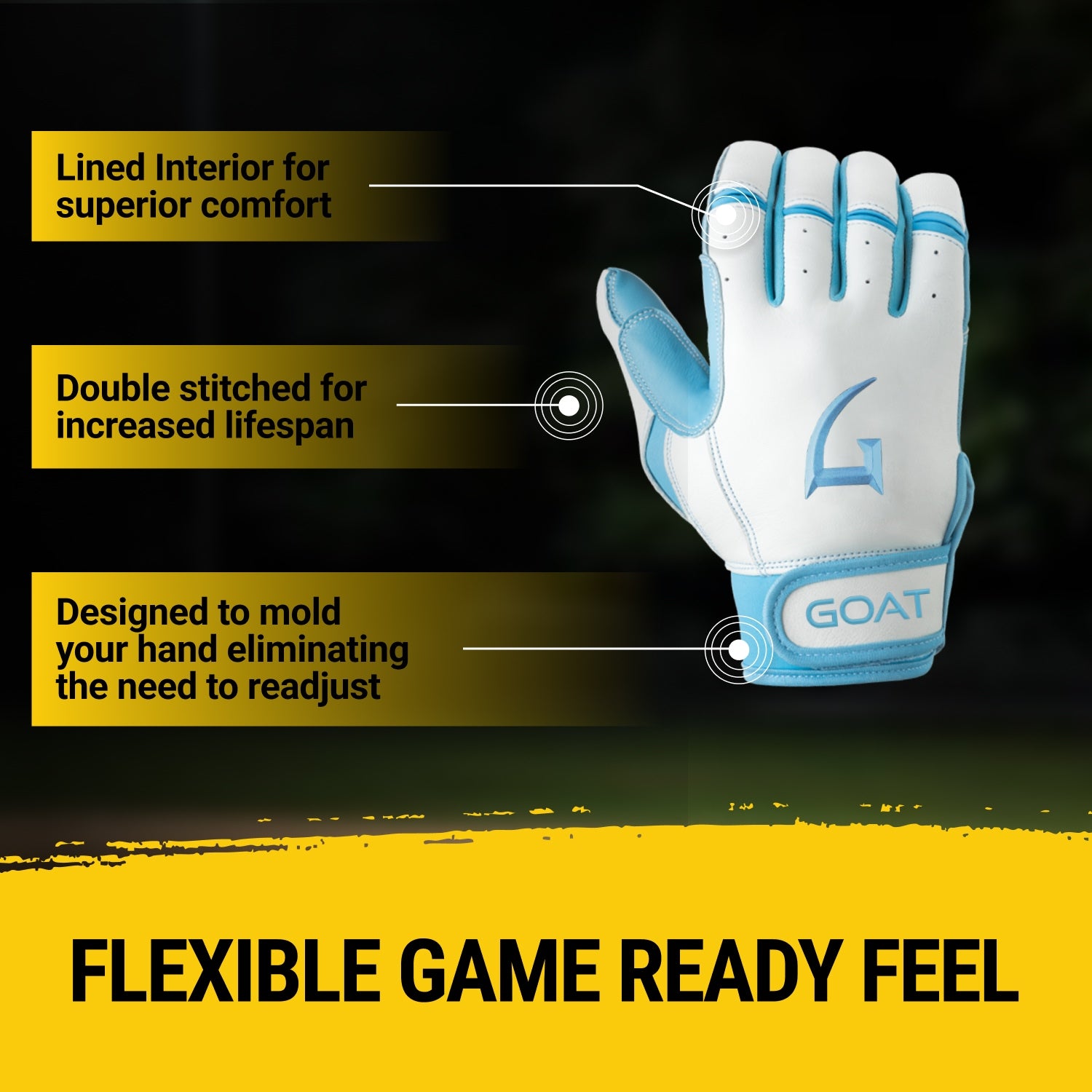 GOAThletic white and blue batting gloves Gloves That Go The Distance feature with player and bat