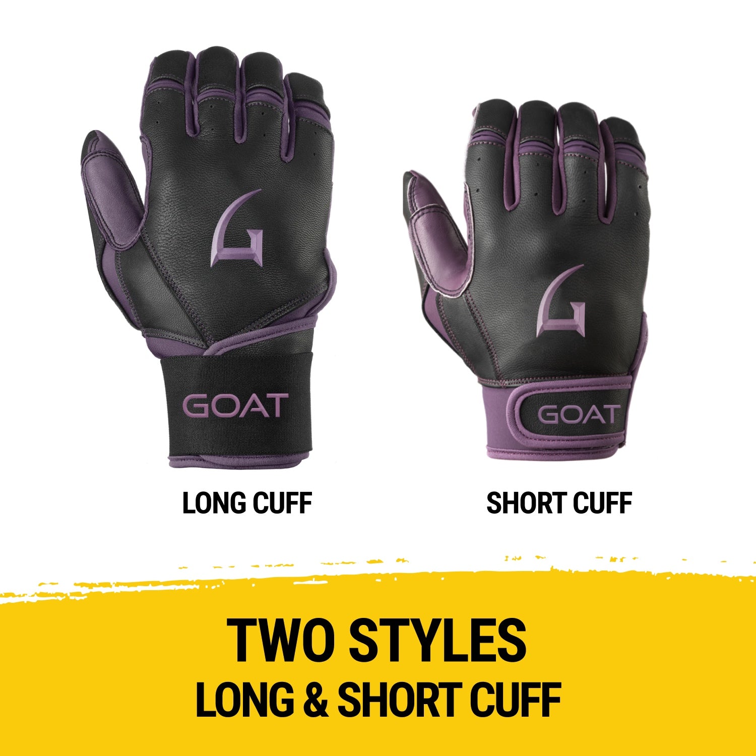 Black and purple gloves with long and short cuff options on a white background