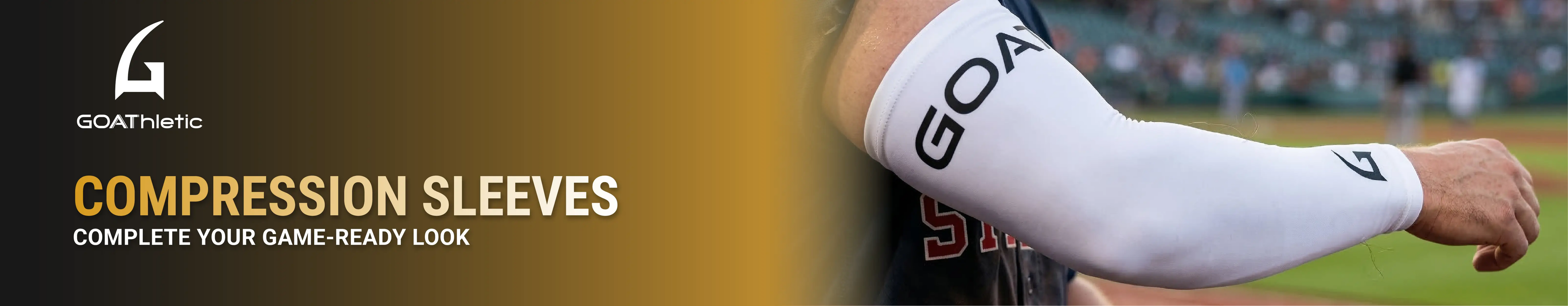 GOAThletic compression sleeves banner showing white arm sleeve on baseball player in stadium