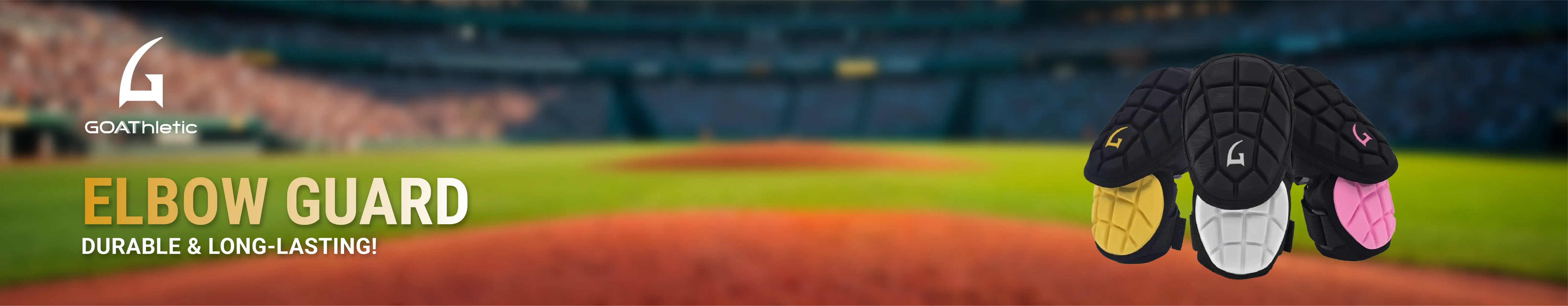 GOAThletic Elbow guard with brand logo on a baseball field background 