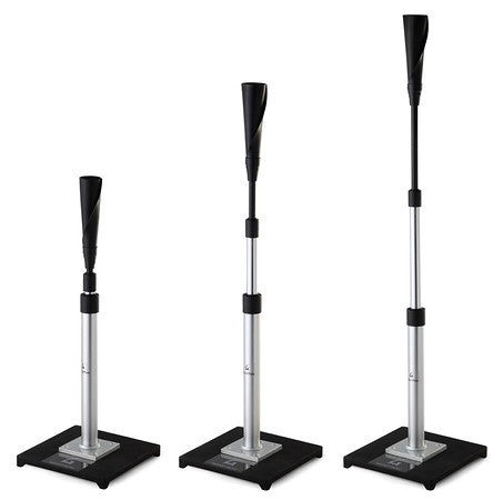 Three Goat adjustable baseball and softball batting tees displayed at different height settings, featuring a durable metal base and impact-resistant rubber top for versatile training and improved swing mechanics.