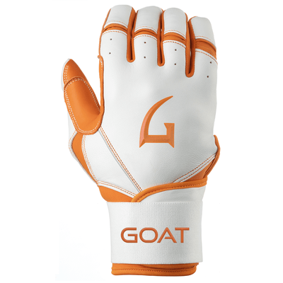 Goat Origin Series Long Cuff White and 
Orange Batting Gloves For Right Hand
